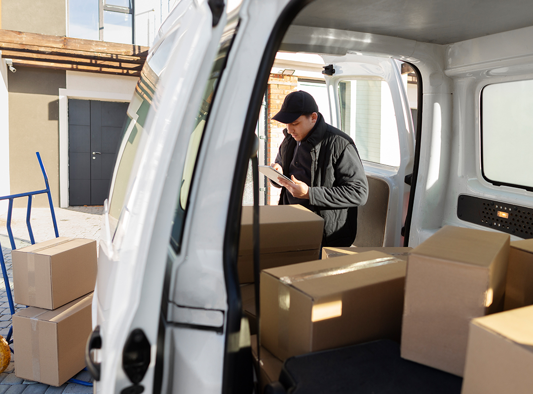 A professional mover inside a white transport van reviewing an inventory list on a digital tablet while surrounded by organized cardboard boxes.