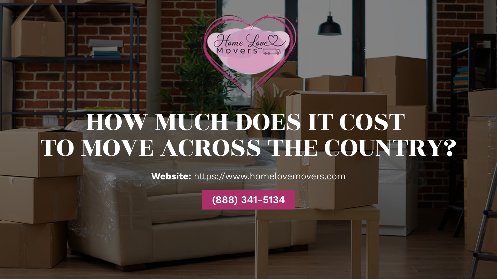 A living room prepared for a long-distance move, featuring a sofa wrapped in protective plastic and several stacked cardboard moving boxes against a brick wall background.